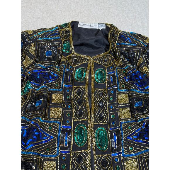 Scala Women 2X Black Gold Sequin Silk Beaded Long Sleeve Hook Eye Evening Jacket - Picture 8 of 12